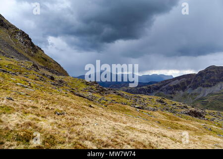 Rain clouds can be seen over Moel Hebog. Viewed from Moelwyn Mawr in the Snowdonia National Park. Stock Photo