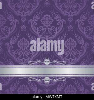 Luxury purple victorian style floral damask wallpaper cover with silver border. This image is a vector illustration. Stock Vector