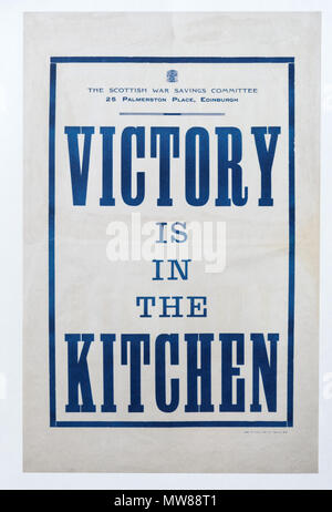 A British first world war poster saying that Victory is in the Kitchen, to encourage women to work hard and save food Stock Photo