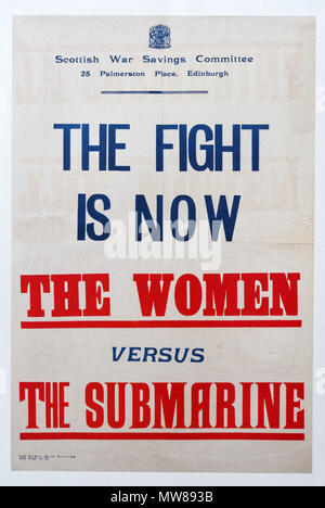 A British first world war poster promoting that the fight between women and submarines, encouraging women to avoid wasting food to counter the German  Stock Photo