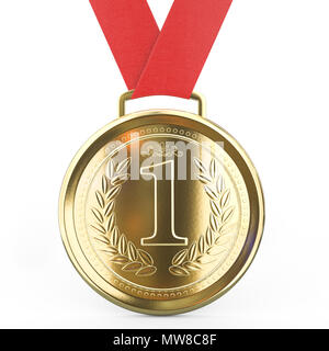 First place Gold medal with red ribbon isolated on white background -- 3D Rendering Stock Photo