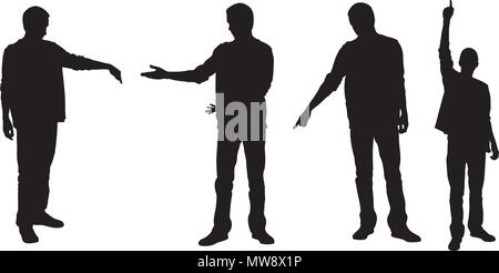 Set of people silhouettes pointing with fingers isolated on white Stock Vector