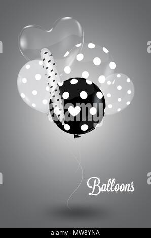 Black and white composition with white balls round and heart-shaped with a polka dot pattern Stock Vector