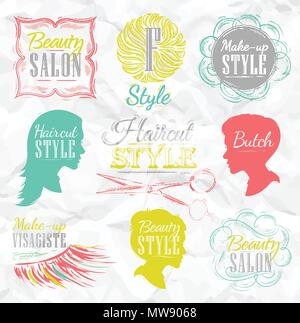 Set Beauty salon, side view in a retro style and stylized for the drawing with color Stock Vector