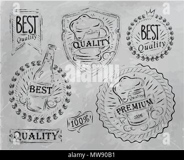 Vintage print design elements on the subject of beer quality stylized under a chalk drawing on the theme of beer on a black background Stock Vector