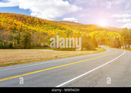 Sunlight shines above empty highway road through colorful fall forest landscape in New England Stock Photo