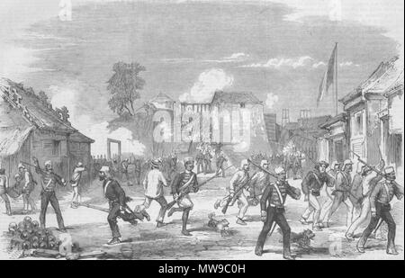 . English: Panic at the commissariat stores, 1858. 中文（繁體）: 英軍掠劫軍糧庫，1858年。 中文（简体）: 英军掠劫军粮库，1858年。 . 1858. Illustrated London News. 98 British soldiers robbing at the commissariat stores, 1858 Stock Photo