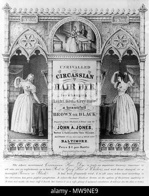 . English: Advertisement Original text: Unrivalled Circassian hair dye for changing light red or grey hair to a beautifull brown or black. circa 27 December 1843. Unknown 131 Circassian hair dye Stock Photo