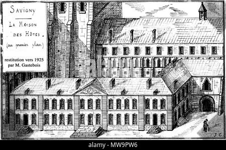 . Français : restitution de l'hôtellerie de l'abbaye par M. Gastebois . 1925. M. Gastebois 23 Abbaye de Savigny le Vieux, restitution Stock Photo