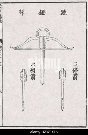 . Ancient drawing of a Chinese crossbow . Miborovsky 147 Crossbow illustration Stock Photo