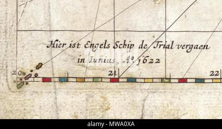 . This is an image showing detail of the National Library of Australia's copy of Hessel Gerritsz' 1627 map of the north west coast of Australia entitled 'Caert van't Landt van d'Eendracht'. This detail showing a feature in the very bottom left corner of the map, labelled Hier ist Engels schip de Trial vergaen in Iunias, A° 1622 ('Here the English ship Trial was wrecked in June 1622'). This is the first known charting of the Tryal Rocks on a map. The original map was published in 1627.. Hessel Gerritsz, also written 'Hessel Gerritszoon'. 108 Caert van't Landt van d'Eendracht (detail showing Try Stock Photo