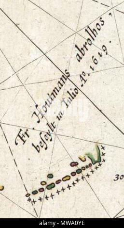 . This is an image showing detail of the National Library of Australia's copy of Hessel Gerritsz' 1627 map of the north west coast of Australia entitled 'Caert van't Landt van d'Eendracht'. This detail shows a feature labelled 'Fr. Houtman's abrolhos'; this is significant because it represents the first known use in print of the name of the Houtman Abrolhos, although not the first time this archipelago was charted. The original map was published in 1627.. Hessel Gerritsz, also written 'Hessel Gerritszoon'. 108 Caert van't Landt van d'Eendracht (detail showing Houtman Abrolhos) Stock Photo