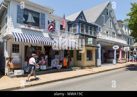 Shops and restaurants line Circuit Avenue, the main shopping district in downtown Oak Bluffs, Massachusetts on Martha's Vineyard. Stock Photo