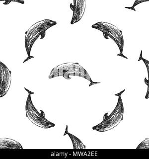 Seamless pattern of hand drawn sketch style dolphins isolated on white background. Vector illustration. Stock Vector