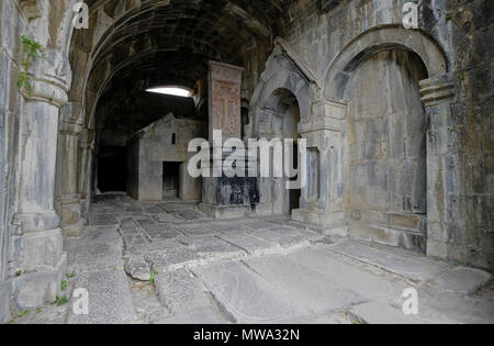 Arches, niches, and a khachkar (khatchkar, or cross-stone) decorate a transept of the Cathedral of Surb Nishan at Haghpat Monastery, Armenia Stock Photo
