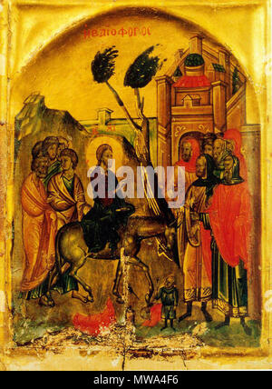 . English: Christ's triumphant entry into Jerusalem. 14th Century icon from St. Catherine's Monastery of Mount Sinai. 14th century. Unknown 128 Christ entering Jerusalem icon Stock Photo