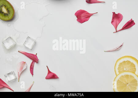 flat lay with flower petals, ice cubes, lemon and kiwi pieces on white tabletop Stock Photo
