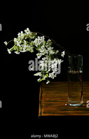 close-up shot of branch of beautiful cherry blossom in vase on wooden table isolated on black Stock Photo