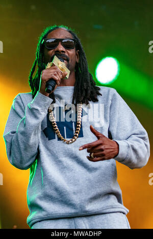 Snoop Dogg performing live at Kendal Calling music festival in August 2015. Snoop Dogg live, Snoop Dog, Snoop Doggy Dogg. Stock Photo