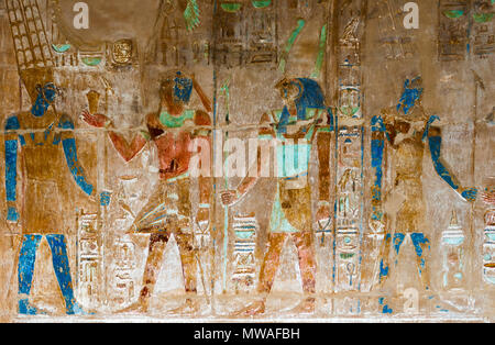 Ancient painting at the Mortuary Temple of Hatshepsut, Deir el-Bahri,  Luxor in  Egypt. Stock Photo