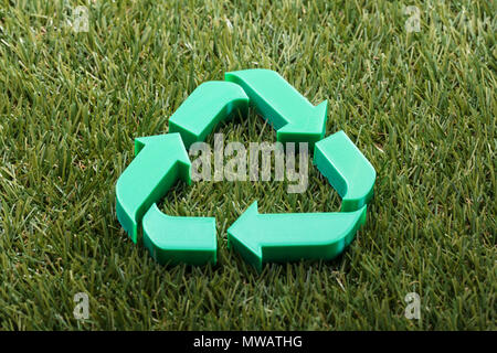 Close-up Of Recycle Symbol On Green Grass Stock Photo