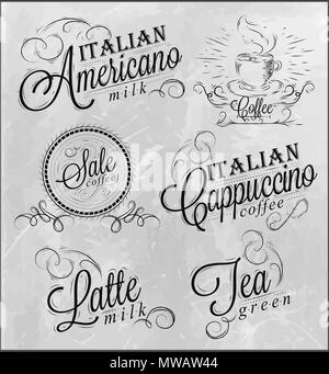 Names of coffee drinks espresso, latte, stylized inscriptions in coal on a blackboard Stock Vector