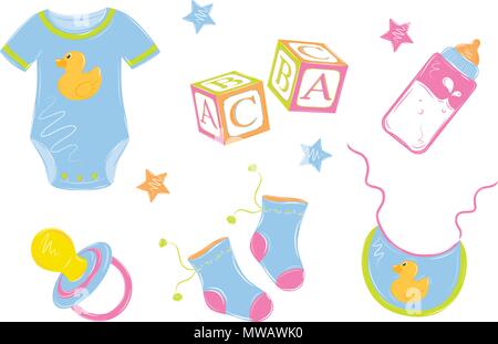 Baby clothes with a bottle nipple cubes on white background Stock Vector