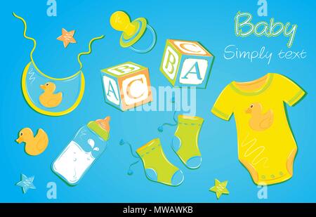 Baby clothes with a bottle nipple cubes on blue background Stock Vector