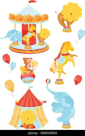 Icons on a circus theme with a lion elephant monkey horse carousel Stock Vector