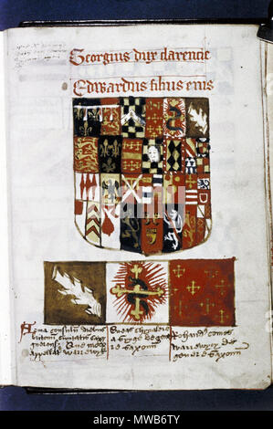 . English: Founders and Benefactors Book of Tewkesbury Abbey: Shield of George Duke of Clarence, and his son, Edward Plantagenet (born 1475), Earl of Warwick. Three square heraldic panels. circa 1525. Unknown 213 Founders Book of Tewkesbury Abbey, Frame 24 Stock Photo