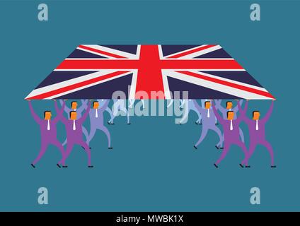 Teamwork concept, a group of businessmen lift the British flag. Stock Vector