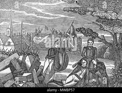 . English: An 1839 engraving of the death of American brigadier general Zebulon Pike at the Battle of York near York, Upper Canada (present day Toronto) on 27 April 1813. Pike was killed by debris from the explosion of a powder magazine. This scene shown in this American print of 1839 bears little resemblance to the actual 1813 fortifications at York, while the town itself was actually out of sight further to the east. Français : La mort du général américain Pike lors de la bataille de York, 27 avril 1813. 1839 engraving, depicting an 1813 event. Unknown 156 Death of General Pike at the Battle Stock Photo