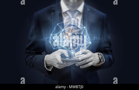 Businessman using mobile smart phone and global network and data connection. Element of this image are furnished by NASA Stock Photo