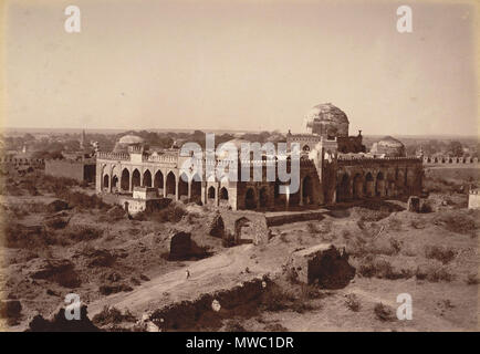 . Great Mosque in Gulbarga Fort.  English: Photograph of the Jami Masjid in Gulbarga, Karnataka, from the Curzon Collection: 'Views of HH the Nizam's Dominions, Hyderabad, Deccan, 1892', taken by Deen Dayal in the 1880s. In the early 14th century the Deccan was occupied by Muhammad Tughluq (r.1325-51) who brought the entire region under the rule of the Delhi Sultanate. Later in the century Gulbarga became the capital of the Bahmani kingdom (1347-1527), a newly founded independent state, until 1424 when the capital was transferred to Bidar. The Bahmanis ruled over most of the Deccan until the l Stock Photo