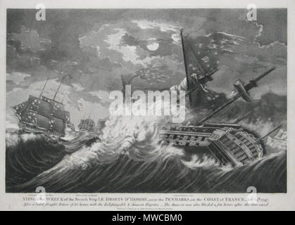 . English: View of the wreck of the French ship Le Droits D' Homme, near the Penmarks, on the Coast of France. Jany 14th 1797. After a hard fought Action of 10 hours, with the Indefatigable & Amazon frigates. The Amazon was also Wreck'd a few hours after; the Crew Saved. 21 August 1797[1]. John Fairburn 171 Droits de lHomme sinking Stock Photo
