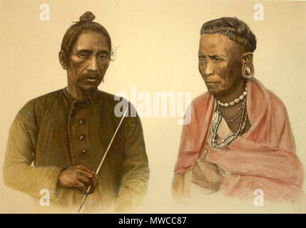. English: From Dalton's 'Descriptive Ethnology of Bengal,' 1872; engravings with modern hand coloring: 'Bendkar: Male and Female'* 'Bhotia: Man and Woman'* 'Bhuiya: Male and Female'* 'Fakial and Miri'* 'Garos'* 'Ho: Girl and Woman'* 'Juang'* 'Kachari'* 'Kuki'* 'Lepcha: Man and Woman'* (shown above) 'Limbo'* 'Miri: Man and Woman'* 'Mug and Ho'* 'Mundas'* 'Munipuri: Married Woman and Young Girl'* 'Namsang Naga Muttuck'* 'Oraons'*  . 1872. Dalton 201 Fakialmiri Stock Photo