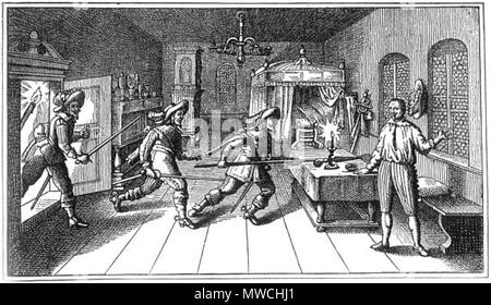 . English: Killing of Albrecht von Waldstein in Cheb during the Thirty Years War Deutsch: Die Ermordung Wallensteins in Eger/Cheb im Dreißigjährigen Krieg. Nach einem anonymen zeitgenössischen Kupferstich . unbekannt - Buch-Scan von de:User:Wolpertinger 2004-11-12 12:59 193 Ermordung-wallensteins-in-eger-anonymer-kupferstich 1-640x370 Stock Photo