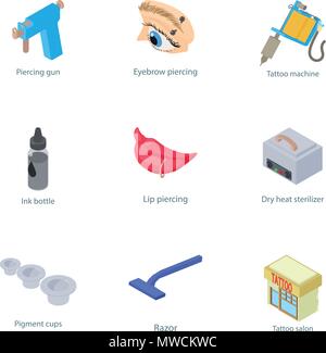 Tattoo parlor icons set, isometric style Stock Vector