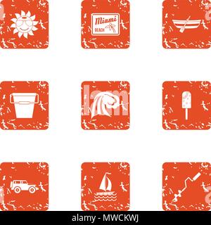 Beach float icons set, grunge style Stock Vector