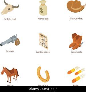 Cowboy icons set, isometric style Stock Vector