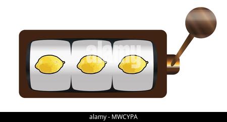 A typical cartoon style three lemons on a spin loser of a one armed bandit or fruit machine over a white background Stock Vector