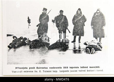. English: Dead Estonian soldiers killed by rebels in Muhu, February 16 1919 during the first days of Saarenmaa rebellion. Bodies guarded by Kaitseliit paramilitary soldiers. 25 January 2012. Unknown 196 Estonian soldiers killed by rebels in Saarenmaa Stock Photo