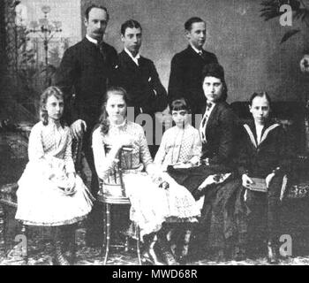 . English: Back row, left to right: Crown Prince Frederik (later King Frederik VIII of Denmark), Prince Christian (later King Christian X of Denmark), and Prince Carl (in 1905 elected king of Norway, under the name of Haakon VII). Front row, left to right: Princess Ingeborg (later the mother of Crown Princess Märtha of Norway and Queen Astrid of Belgium, Princess Louise, Princess Thyra, Crown Princess Lovisa, Prince Harald. 1885. Unknown 202 Family Photo