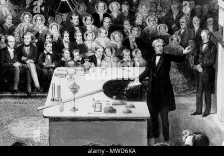 . Detail of a lithograph of Michael Faraday delivering a Christmas lecture at the Royal Institution . ca. 1856. Alexander Blaikley (1816 - 1903) 202 Faraday Michael Christmas lecture detail Stock Photo