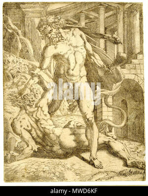 . English: Print by Antonio Fantuzzi, British Museum, Hercules standing in an architectural setting, and grabbing the head of a man lying at his feet. c.1543 Etching by: Antonio Fantuzzi After: Rosso Fiorentino . 1540s. Antonio Fantuzzi (active 1540s) 202 Fantuzzi bm1 Stock Photo