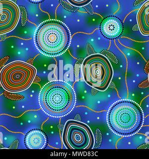 Australian Aboriginal Art. Point drawing. Sea turtles and jellyfish. Seamless pattern. Background green blue blur Stock Vector