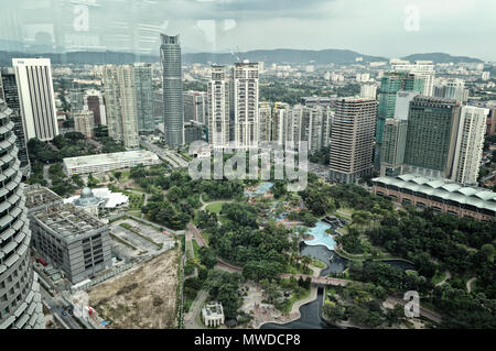 KLCC green park from the bridge between Petronas Twin Towers (Skybridge), Kuala Lumpur, Malaysia Stock Photo