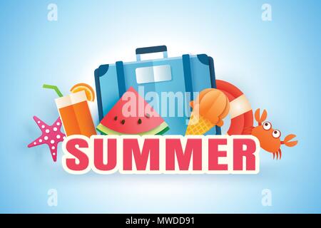 Paper art of decoration origami travel equipment with summer text background. Stock Vector