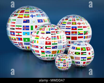 Country flags around the globes on blue background. 3D illustration. Stock Photo