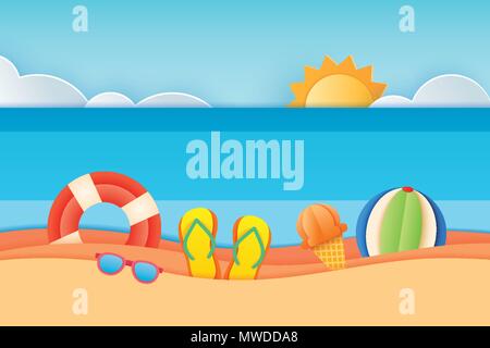 Summer time sea view with equipment placed on the beach and sky background. Paper art and craft style. Vector illustration of life ring, sunglass, ice Stock Vector